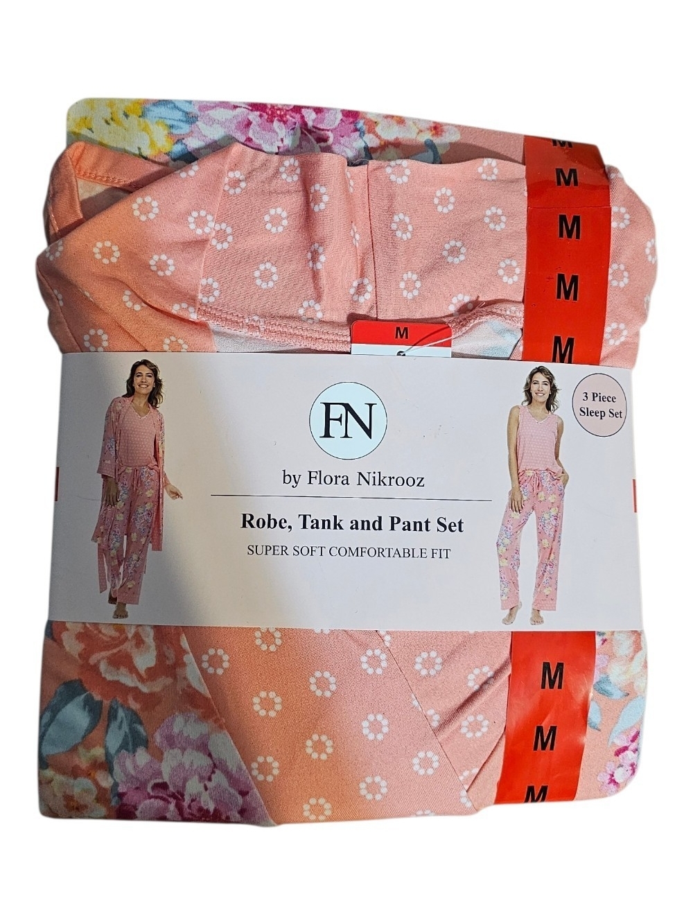 Flora Nikrooz Peach Floral 3-Piece Robe, Tank & Pant Sleep Set
